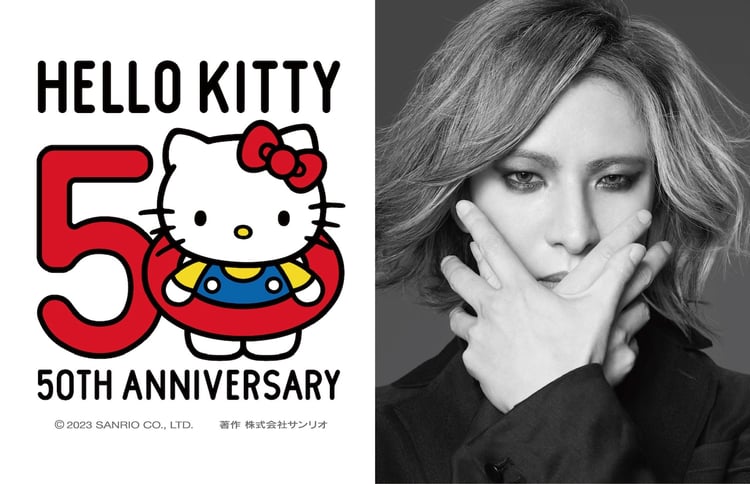 ハローキティ50周年ビジュアル（左）とYOSHIKI（右）。