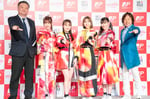 左から日本郵政の櫻井誠執行役、佐々木彩夏、百田夏菜子、玉井詩織、高城れに、ひろみちおにいさん。
